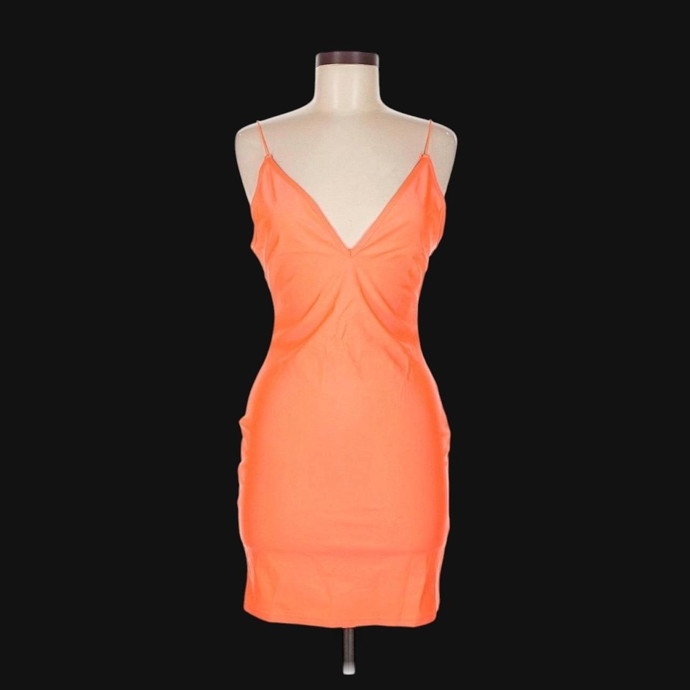 Revamped Orange Solid V-Neck Bodycon Slip Spaghetti Strap Short Dress Size M